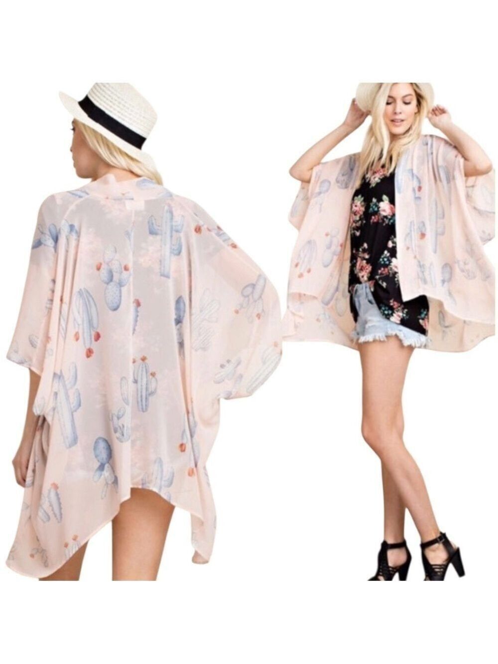 143 STORY x LINE UP Poly Chiffon Cactus Print Poncho / Cover Up / Cardigan O/S
